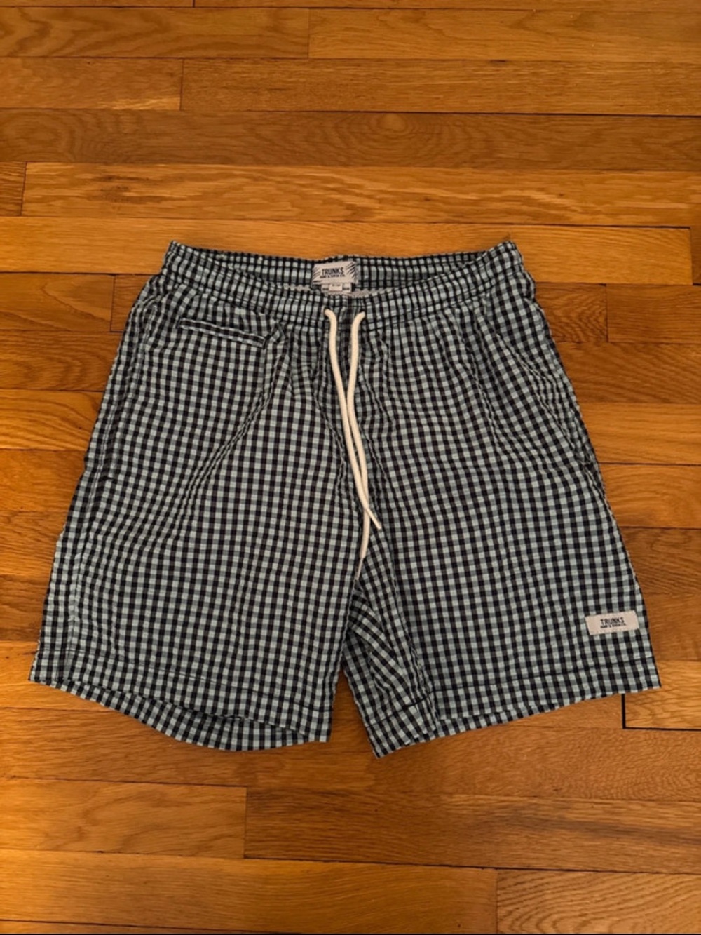 Men's Blue and White Gingham Swim Trunks with Drawstring